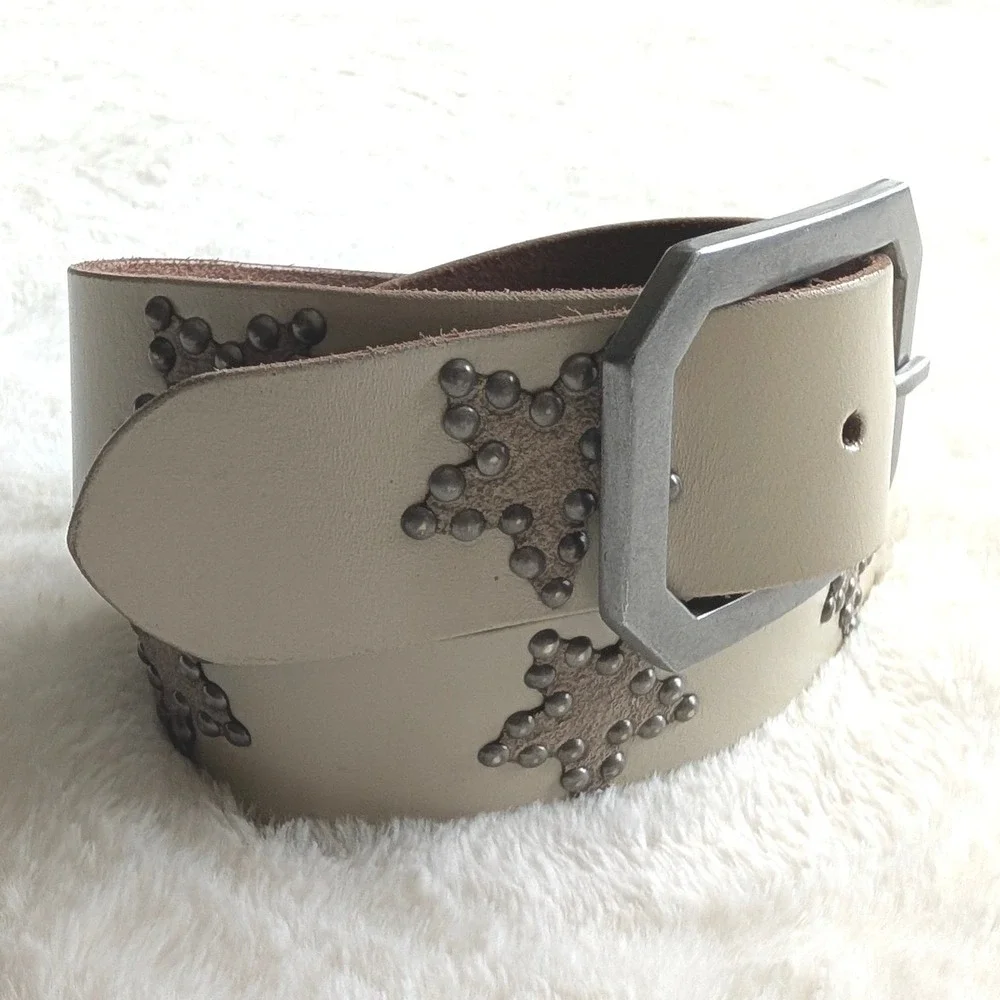 Free People Studded Star Leather Belt Cream Silver Octagon Buckle XS/S